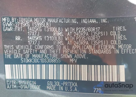 2013 Toyota Sienna Le from USA, damaged, VIN 5TDKK3DC1DS308855
